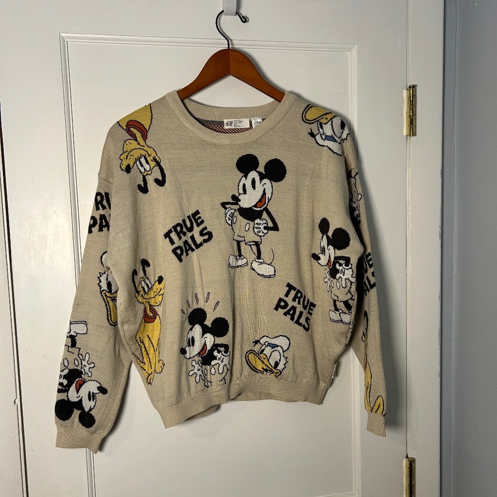 Disney MICKEY Jacquard KNIT SWEATER Beige Tan| H&M| Youth or Adult Donald Pluto
